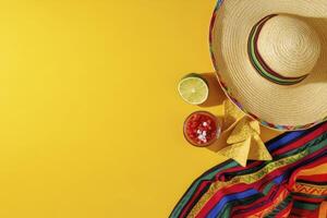 Celebrating Fiesta Sombrero with Chips Salsa and Lime on Yellow Background photo
