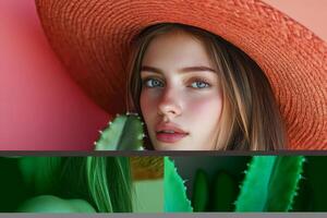Young Woman in Straw Hat with Cactus Portrait in Studio Setting photo