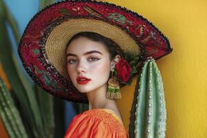 Woman Wearing Sombrero with Red Rose Posing Next to Cactus photo