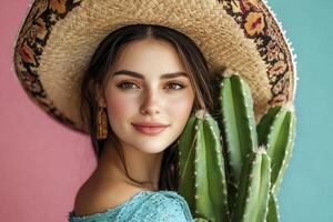 Smiling Woman with Sombrero and Cactus Showcasing Vibrant Mexican Culture photo