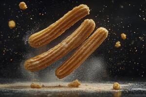 Three Tasty Churros Falling with Powdered Sugar Against a Dark Backdrop photo