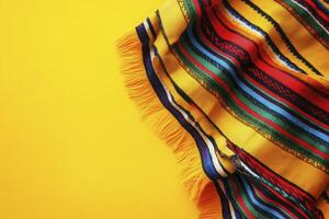 Striped Yellow Textile with Fringe on Solid Background Colorful Fabric photo
