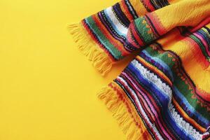 Colorful Striped Blanket with Fringe on Yellow Background for Festive Decor photo