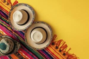 Arrangement of Traditional Hats and Colorful Textile on Bright Yellow Background photo