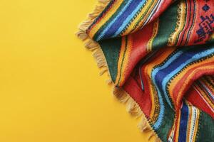 Colorful Striped Blanket on Yellow Backdrop Bright Vibrant Fabric Texture photo