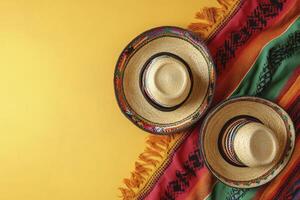 Mexican Sombreros on Colorful Blanket with Yellow Background Overhead View photo