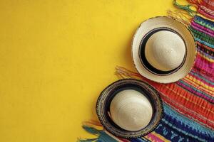 Stylized Summer Straw Hats with Colorful Textile on Bright Yellow Backdrop photo