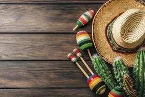 Celebrating Cinco De Mayo with Sombrero, Cacti, and Colorful Maracas photo