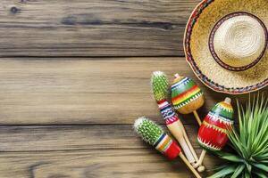 Celebrating Cinco De Mayo with Maracas, Cacti and Sombrero on Wood photo