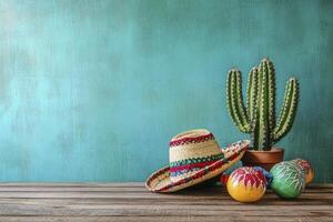 Festive Mexican Culture Still Life with Sombrero Cactus and Maracas photo