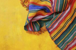 Colorful Striped Fabric Laying on Bright Yellow Textured Background Still Life photo