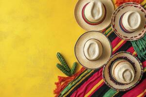 Arrangement of Sombrero Hats with Cactus and Colorful Blanket on Yellow photo