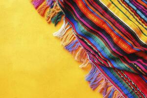 Colorful Striped Textile with Fringe on Yellow Background Texture photo