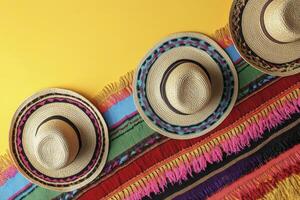 Colorful Straw Hats and Blanket on Yellow Backdrop for Travel Concept photo