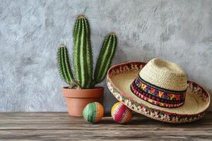 Cactus and Sombrero Still Life with Colorful Balls on Wooden Table photo