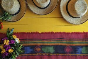 Arrangement of Straw Hats Flowers and Colorful Textile on Yellow Wood photo