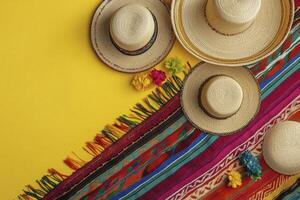 Festive Straw Hats and Colorful Serape on Bright Yellow Background photo