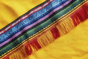 Colorful Embroidered Textile Detail with Fringe on Yellow Fabric photo