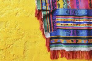 Colorful Textile with Fringe Hanging on a Vibrant Yellow Textured Wall photo