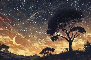 Tranquil Night Landscape with Silhouetted Trees Crescent Moon and Starry Sky photo