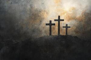 Three Crosses on Hill Evoking Faith and Spirituality with Dark Mood photo