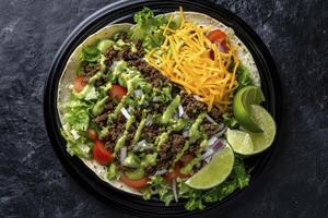 Serving Delicious Beef Taco Salad with Cheese and Fresh Vegetables photo
