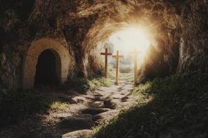 Tomb Entrance with Three Crosses and Bright Light Symbolizing Hope photo