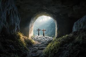 Two Crosses at Cave Entrance Symbolizing Hope and Resurrection Theme photo