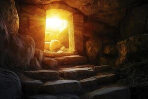 Entering Ancient Stone Chamber with Glowing Light and Stairway Steps photo