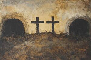 Dark Crosses Painting with Tomb Depicting Faith and Redemption Symbolism photo