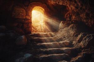 Stone Stairway Leading to Light Through Arched Cave Opening photo