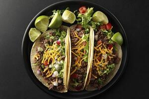Tres tacos en un negro plato con Lima porciones foto