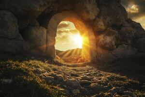 Sun Shining Through Stone Archway Leading to Rolling Hills Landscape photo
