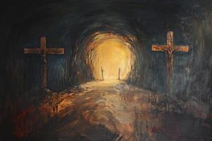 Religious Tunnel Artwork with Crosses and Bright Light at the End photo