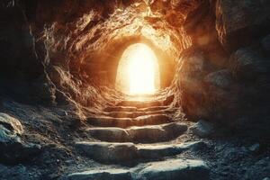 Stone Steps Leading to Bright Light in Tunnel or Cave Opening photo