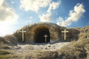 Easter Tomb with Crosses in Landscape Under Cloudy Blue Sky photo