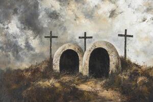 Painting of Three Crosses and Two Tombs on a Hill with Sky photo