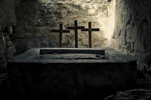 Three Crosses Stand on a Stone Altar in an Ancient Cave photo