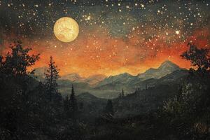 Majestic Moonlit Landscape with Mountains Stars and Atmospheric Night Sky photo
