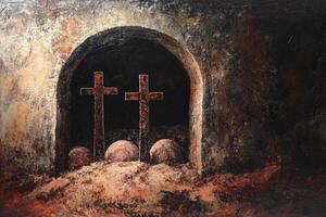 Religious Art Painting Showing Two Crosses and Stones in Tomb photo