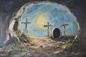 Resurrection Scene Painting Featuring Empty Tomb and Three Wooden Crosses photo