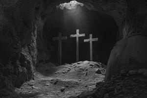 Three Crosses in Cave Lit by Sunbeams in Black and White photo