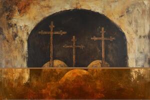 Three Crosses Painting Depicting Calvary and Resurrection with Somber Mood photo