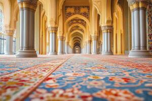 Walking Through Grand Hallway with Arches Columns and Patterned Carpet photo