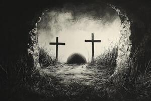 Dramatic Grave Scene with Two Crosses Outside Stone Tomb Entrance photo