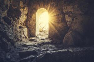 Shining Light Through Ancient Stone Doorway Leading Out of Dark Cave photo