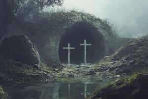 Two Crosses Stand at the Entrance of a Dark Cave Reflection photo