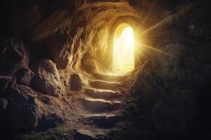 Cave Entrance with Stone Steps Leading to Bright Sunlight and Hope photo