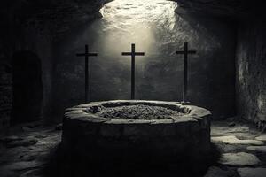 Tres cruces dentro un oscuro Roca cámara iluminado por luz de sol foto