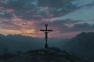 Jesus Christ on Cross Silhouette at Mountain Top with Colorful Sky photo